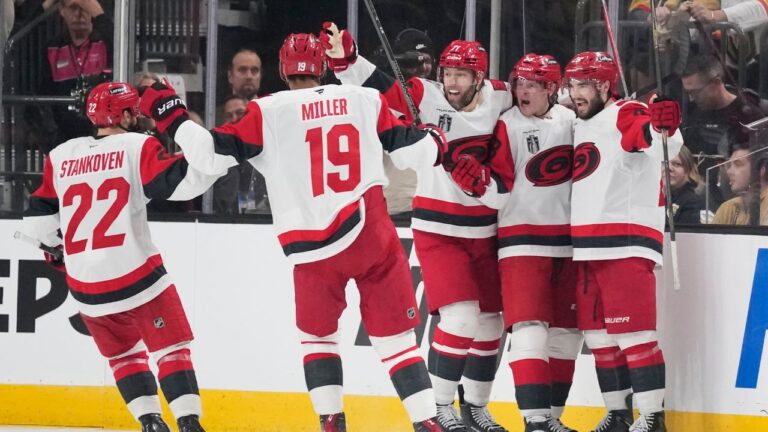 Carolina Hurricanes right wing Jackson Blake, second from right, celebrates his goal with teammates during the second period in Game 6 of the NHL hockey Stanley Cup Final series against the Vegas Golden Knights, Sunday, June 14, 2026, in Las Vegas. (John Locher/AP)