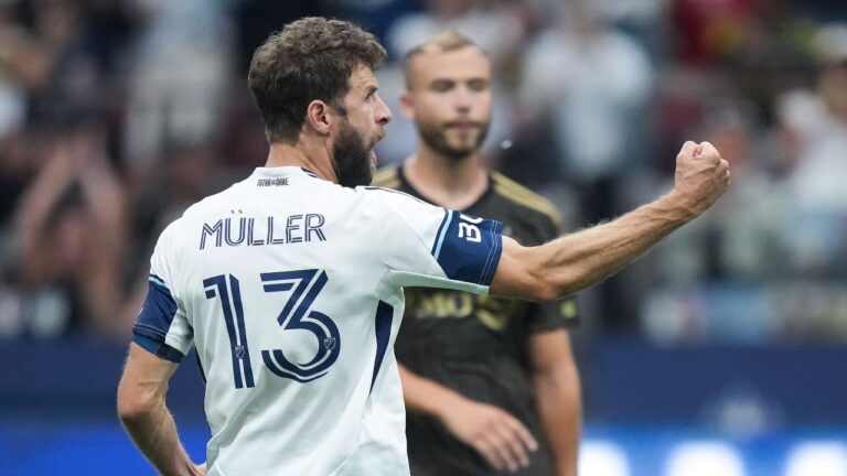 Vancouver Whitecaps' Thomas Muller (13) celebrates his penalty kick goal during the second half of an MLS soccer match against Los Angeles FC, in Vancouver, on Saturday, August 1, 2026. (Darryl Dyck/THE CANADIAN PRESS)