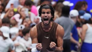Carlos Alcaraz, of Spain, celebrates winning a match against Roman Safiullin, of Russia, during the first round of the U.S. Open tennis championships, Monday, Aug. 31, 2026, in New York. (Sydney Schaefer/AP)