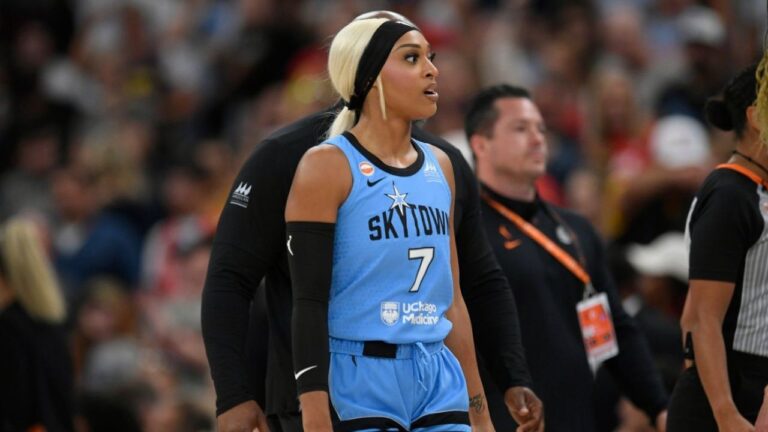Chicago Sky's DiJonai Carrington walks off the court ejected from the game for committing a flagrant foul against Indiana Fever's Sophie Cunningham during the first half of an WNBA basketball game in Chicago, Saturday, Aug. 8, 2026. (Paul Beaty/AP)