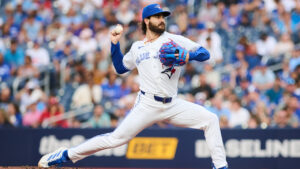 Toronto Blue Jays' Dylan Cease (84) pitches against the Boston Red Sox during first inning MLB baseball action in Toronto, on Tuesday, Aug. 11, 2026. (Sammy Kogan/CP)