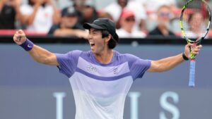 Canada's Duncan Chan celebrates during his National Bank Open qualifying match against Hugo Gaston on Aug. 1, 2026. (Pascal Ratthe/Tennis Canada)