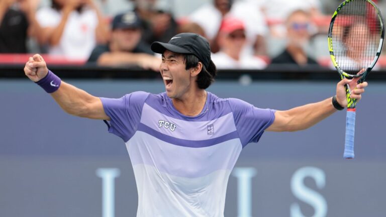 Canada's Duncan Chan celebrates during his National Bank Open qualifying match against Hugo Gaston on Aug. 1, 2026. (Pascal Ratthe/Tennis Canada)