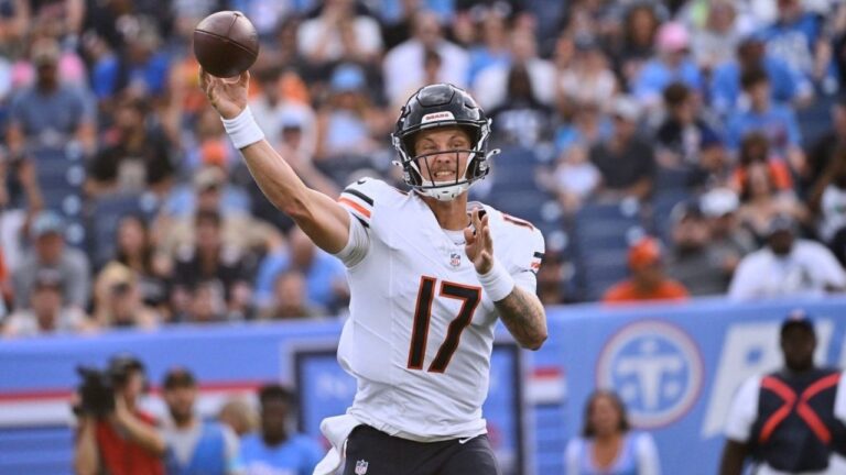 Chicago Bears quarterback Tyson Bagent attempts a pass against the Tennessee Titans during the first half of a preseason NFL football game, Saturday, Aug. 29, 2026, in Nashville, Tenn. (John Amis/AP)