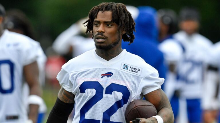 Buffalo Bills safety C.J. Gardner-Johnson (22) walks off the field after practice at the team's NFL football training camp Wednesday, July 29, 2026, in Pittsford, N.Y. (Adrian Kraus/AP)