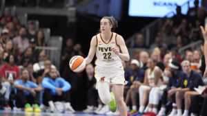 Indiana Fever guard Caitlin Clark (22) in the first half of an WNBA basketball game against the Sunday, Aug. 16, 2026, in Atlanta. (Brynn Anderson/AP)