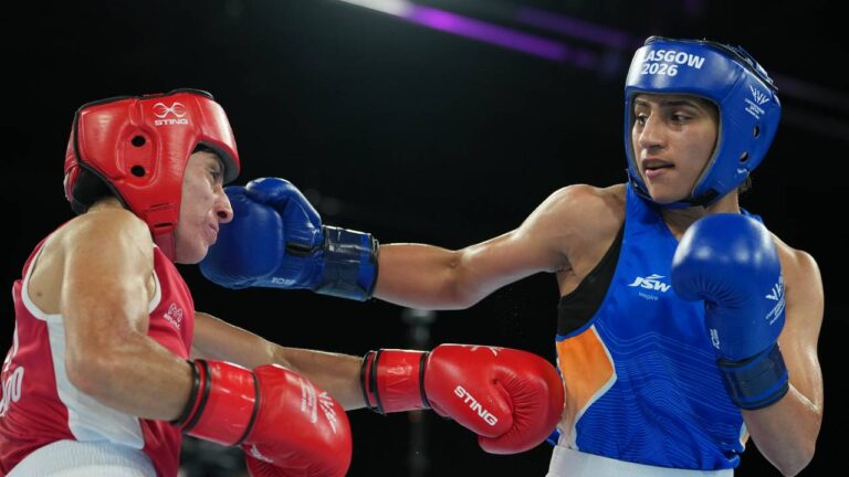 India’s Preeti Preeti, right, and Canada’s Scarlett Savannah Delgado compete in the women's 54kg boxing final at the Commonwealth Games in Glasgow, Scotland, Saturday, Aug. 1, 2026. (Eranga Jayawardena/AP)