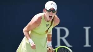 Kayla Cross, of Canada, reacts during her first round match against Kamilla Rakhimova, of Russia, at the National Bank Open tennis tournament in Montreal, Monday, July 28, 2025. (Graham Hughes/THE CANADIAN PRESS)