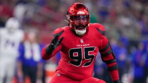 Houston Texans defensive end Derek Barnett (95) plays against the Buffalo Bills during the first half of an NFL football game Thursday, Nov. 20, 2025, in Houston. (Eric Christian Smith/AP)