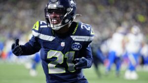 Seattle Seahawks cornerback Devon Witherspoon (21) runs down the field during the NFC Championship NFL football game, Sunday, Jan. 25, 2026, in Seattle. (Ben VanHouten/AP)