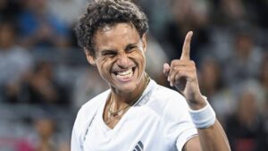 Gabriel Diallo of Canada reacts following his first round match win over Kyrian Jacquet of France at the National Bank Open tennis tournament in Montreal, Monday, Aug. 3, 2026. (Graham Hughes/CP)