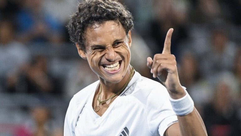 Gabriel Diallo of Canada reacts following his first round match win over Kyrian Jacquet of France at the National Bank Open tennis tournament in Montreal, Monday, Aug. 3, 2026. (Graham Hughes/CP)