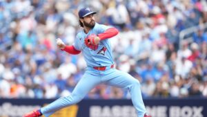 Toronto Blue Jays starting pitcher Dylan Cease (84) works against the New York Yankees during first inning American League MLB baseball action in Toronto on Sunday, Aug. 16, 2026. (Nathan Denette/CP)