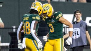 Edmonton Elks' Austin Mack (3) celebrates his touchdown against the Winnipeg Blue Bombers with teammate TJ Luther (88) during first half CFL action in Edmonton on Friday, August 21, 2026. THE CANADIAN PRESS/Timothy Matwey