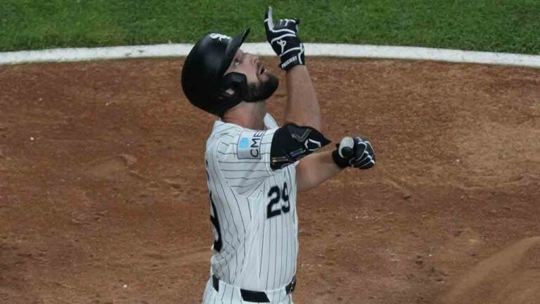 Chicago White Sox's Tristan Peters gestures after hitting a home run against the Texas Rangers during the sixth inning of a baseball game Tuesday, Aug. 25, 2026, in Chicago. (David Banks/AP)