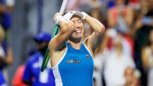 Ekaterina Alexandrova celebrates after defeating Aryna Sabalenka in round of 16 National Bank Open Tennis action in Toronto, on Saturday, Aug. 8, 2026. (Keito Newman/CP)