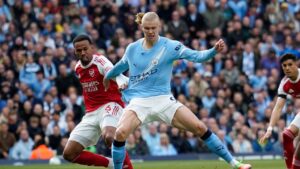 Manchester City's Erling Haaland misses a chance to score during the English Premier League soccer match between Manchester City and and Arsenal, in Manchester, England, Sunday, April 19, 2026. (Dave Thompson/AP)