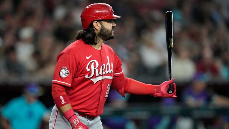 Cincinnati Reds designated hitter Eugenio Suarez steps in to bat against the Arizona Diamondbacks during the third inning of a baseball game, Sunday, Aug. 23, 2026, in Phoenix. (Ross D. Franklin/AP)
