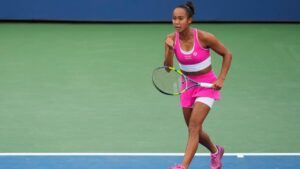 Leylah Fernandez, of Canada, reacts during the first round of the U.S. Open tennis championships against Zhang Shuai, of China, Sunday, Aug. 30, 2026, in New York. (Yuki Iwamura/AP)