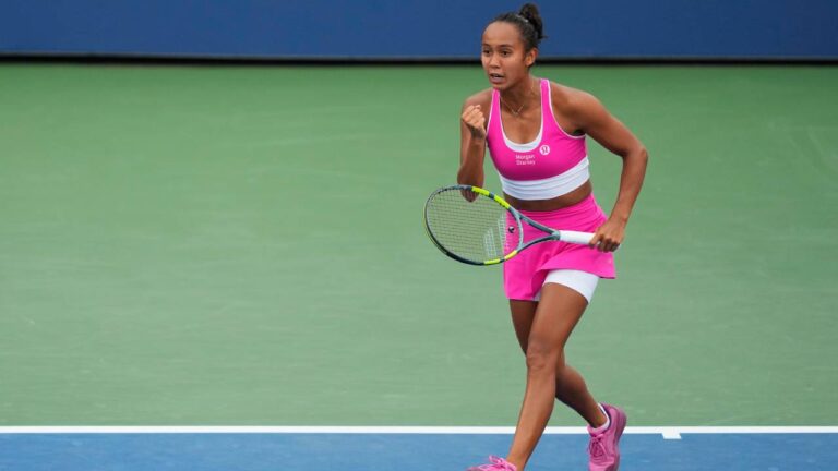 Leylah Fernandez, of Canada, reacts during the first round of the U.S. Open tennis championships against Zhang Shuai, of China, Sunday, Aug. 30, 2026, in New York. (Yuki Iwamura/AP)