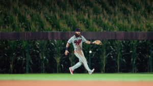 Philadelphia Phillies left fielder Brandon Marsh fields a single by Minnesota Twins' Kaelen Culpepper during the ninth inning of a baseball game at the Field of Dreams movie site, Thursday, Aug. 13, 2026, in Dyersville, Iowa. (Charlie Neibergall/AP)