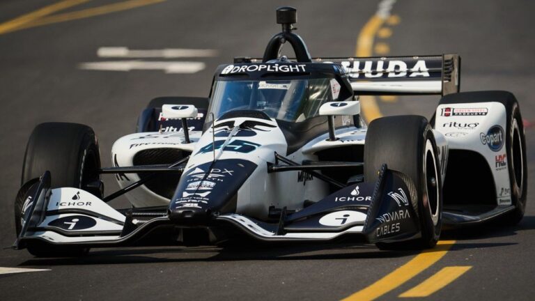 Louis Foster, of England, zooms around the track as he posts the fastest overall practice time ahead of the 2026 Honda Indy in Markham, Ont., on Saturday, Aug. 15, 2026. (Sammy Kogan/CP)