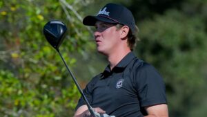 South Carolina golfer Frankie Harris tees off on the first hole during an NCAA golf tournament on Saturday, Oct. 19, 2024, at the Fallen Oak Collegiate Invitational in Biloxi, Miss. (Matthew Hinton/AP)