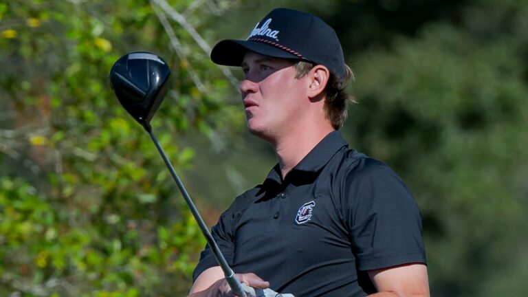 South Carolina golfer Frankie Harris tees off on the first hole during an NCAA golf tournament on Saturday, Oct. 19, 2024, at the Fallen Oak Collegiate Invitational in Biloxi, Miss. (Matthew Hinton/AP)