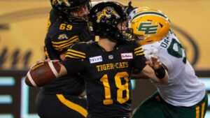 Hamilton Tiger-Cats quarterback Harrison Frost (18) prepares to throw during second half CFL football game action against the Edmonton Elks in Hamilton, Ont. on Saturday, August 17, 2024. (Peter Power/THE CANADIAN PRESS)