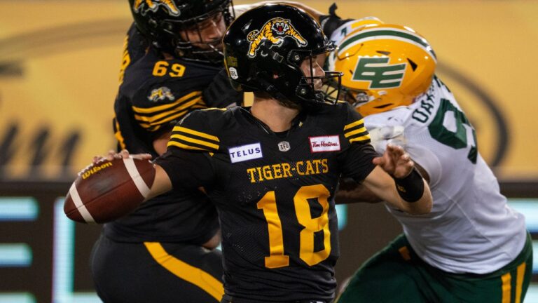 Hamilton Tiger-Cats quarterback Harrison Frost (18) prepares to throw during second half CFL football game action against the Edmonton Elks in Hamilton, Ont. on Saturday, August 17, 2024. (Peter Power/THE CANADIAN PRESS)
