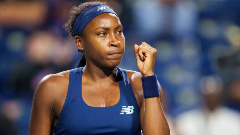 Coco Gauff of the United States celebrates in a match against Elena Rybakina of Kazakhstan during semi-final National Bank Open tennis action in Toronto, on Wednesday, Aug. 12, 2026. (Keito Newman/THE CANADIAN PRESS)