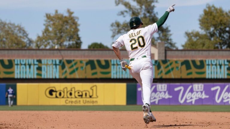 Athletics' Zack Gelof runs the bases after hitting a two-run home run during the seventh inning of a baseball game against the Texas Rangers, Sunday, Aug. 16, 2026, in West Sacramento, Calif. (Sara Nevis/AP)