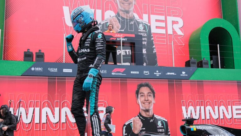 Mercedes driver George Russell of Britain reacts after winning the sprint race at the Formula One Dutch Grand Prix in Zandvoort , Netherlands, Saturday, Aug. 22, 2026. (Patrick Post/AP)