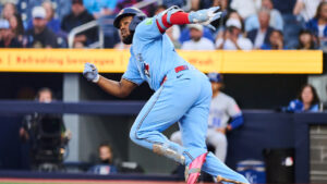 Toronto Blue Jays' Vladimir Guerrero Jr. (27) singles during first inning MLB baseball action against the Kansas City Royals in Toronto, on Wednesday, Aug. 26, 2026. (Sammy Kogan/CP)