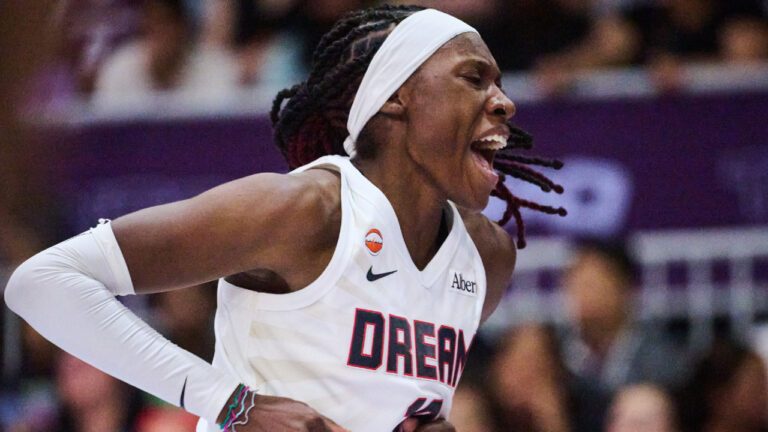 Atlanta Dream's Rhyne Howard (10) celebrates after scoring against the Toronto Tempo during second half WNBA basketball action in Toronto, Friday, July 17, 2026. (Sammy Kogan/CP)