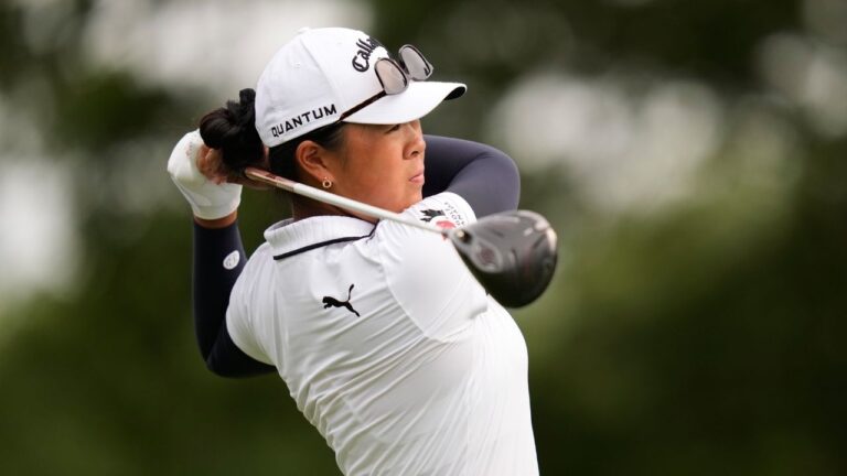 Anna Huang, of Canada, hits off the 17th tee during the first round of the LPGA FM Championship golf tournament in Norton, Mass., Thursday, Aug. 27, 2026. (Charles Krupa/AP Photo)