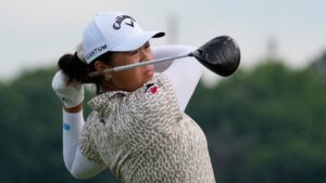 Anna Huang, of Canada, drives from the 11th tee during the second round of the Women's PGA Championship golf tournament, Friday, June 26, 2026, in Chaska, Minn. (Chris Carlson/AP Photo)