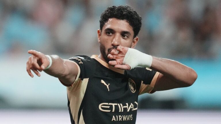 Manchester City's Omar Marmoush celebrates after scoring his side's opening goal during the preseason friendly soccer match between Manchester City and Atletico Madrid in Seoul, South Korea, Sunday, Aug. 9, 2026. (Lee Jin-man/AP)