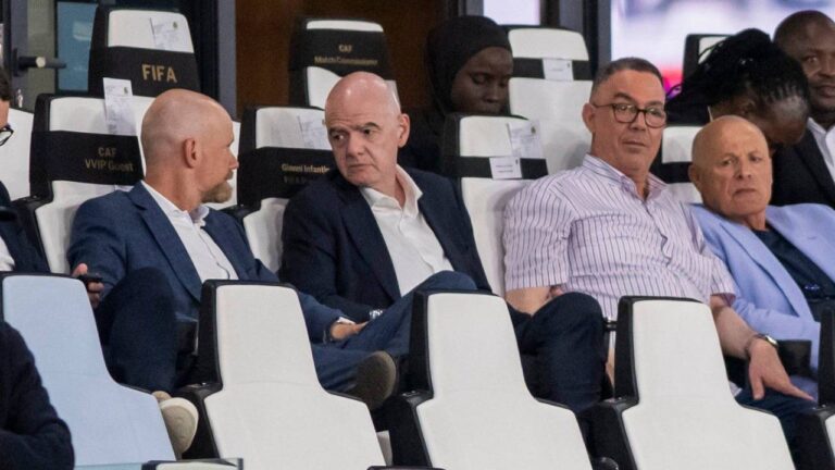 FIFA president Gianni Infantino and president of Moroccan Royal Football Federation Fouzi Lekjaa attend a Women's AFCON 2026 soccer match between Malawi and Zambia, in Rabat, Morocco, Wednesday, Aug. 5, 2026. (AP)