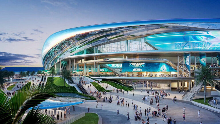 This artist's rendering provided by HOK shows a conceptual design for the Jacksonville Jaguars NFL football team's "stadium of the future," unveiled June 7, 2023. (HOK/Jacksonville Jaguars via AP)