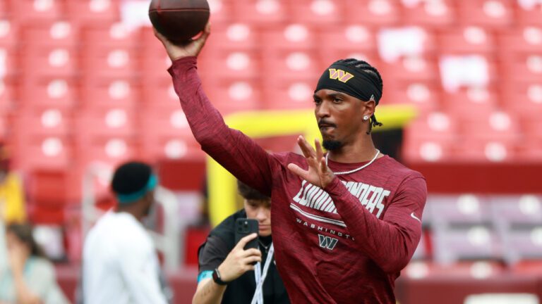 Washington Commanders quarterback Jayden Daniels (5) throws the ball before an NFL football game against the Miami Dolphins, Friday, Aug. 14, 2026 in Landover, Md. (Daniel Kucin Jr./AP)