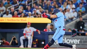 Toronto Blue Jays' Luis Urias (48) breaks his bat on a swing during first inning MLB baseball action against the St. Louis Cardinals in Toronto, on Sunday, Aug. 2, 2026. (Sammy Kogan/CP)