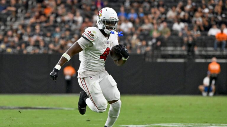 Arizona Cardinals running back Jeremiyah Love (4) runs with the ball against the Las Vegas Raiders during an NFL preseason football game Thursday, Aug. 13, 2026, in Las Vegas. (David Becker/AP)
