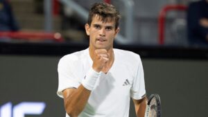Rafael Jodar of Spain reacts during his match against Jiri Lehecka of Czechia during Round of 16 tennis action at the National Bank Open in Montreal on Saturday, Aug. 8, 2026. (Christinne Muschi/THE CANADIAN PRESS)