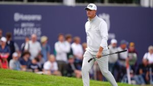 Joe Dean of England on the 18th hole during day four of the British Masters at The Belfry Hotel & Resort, Sutton Coldfield, England, Sunday Aug. 30, 2026. (Bradley Collyer/PA via AP)