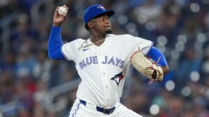 Toronto Blue Jays pitcher José Soriano works against the Boston Red Sox during first inning American League MLB baseball action in Toronto. (Nathan Denette/THE CANADIAN PRESS)