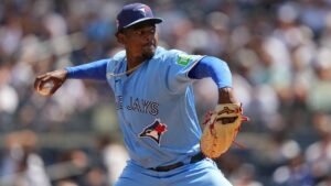 Toronto Blue Jays' José Soriano pitches during the first inning of a baseball game against the New York Yankees Sunday, Aug. 23, 2026, in New York. (Frank Franklin II/AP)