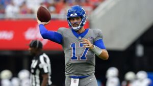 Buffalo Bills quarterback Josh Allen (17) throws during practice at the team's NFL football training camp Saturday, Aug. 8, 2026, in Orchard Park, N.Y. (Adrian Kraus/AP)