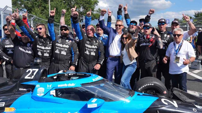 Transportation Secretary Sean Duffy joins for a photo after Kyle Kirkwood (27) won the IndyCar Freedom 250 Grand Prix auto race. (Alex Brandon/AP)