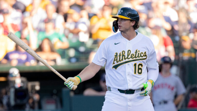 Athletics' Nick Kurtz at-bat during the first inning of a baseball game against the Boston Red Sox Thursday, July 30, 2026, in West Sacramento, Calif. (Sara Nevis/AP)